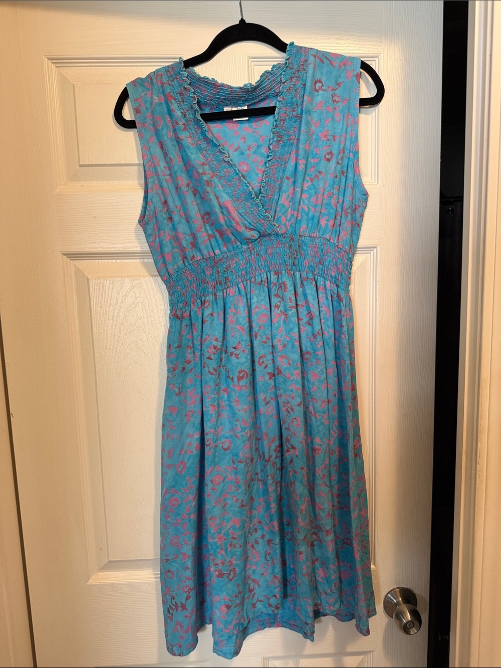 Vintage Dragonfly Imports  Blue & Pink floral V-Neck Dress with Smocked Waist
